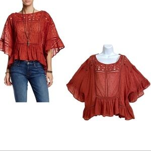 Free People Beautiful Dreamer Oversized Boho Blouse Small in Tuscan Red Ruffles